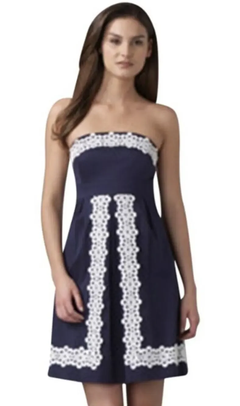 Lilly Pulitzer Betsy Strapless Dress Stretch Floral Eyelet Lace Pleated, Blue - Picture 1 of 9
